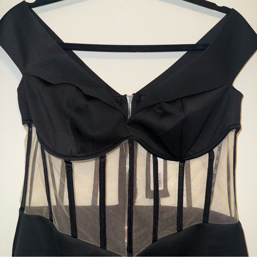 NEW RTA Road To Awe Black Evie Mesh Cocktail Off-Shoulder Mini Dress Large - Picture 7 of 11